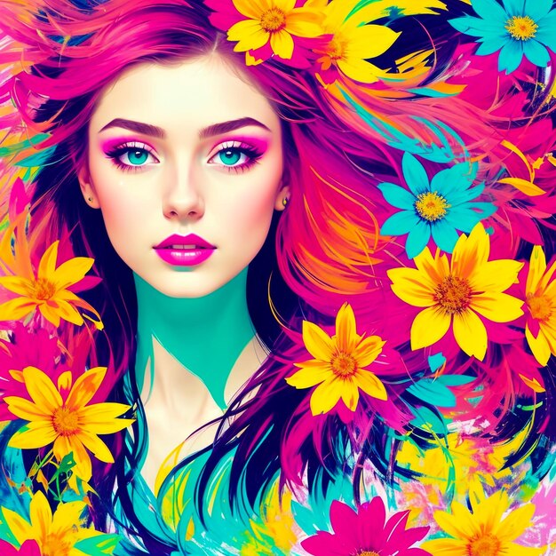 A colorful floral painting of a girl