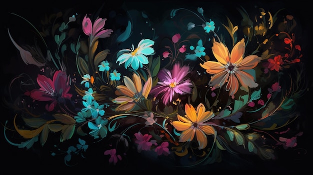 A colorful floral painting with a black background