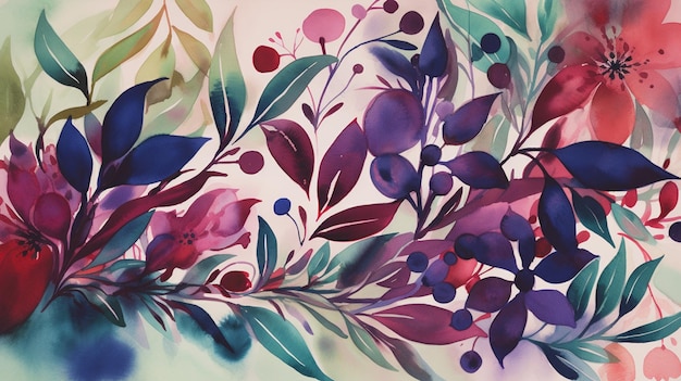 A colorful floral painting with a purple background and a blue background with a red flower.