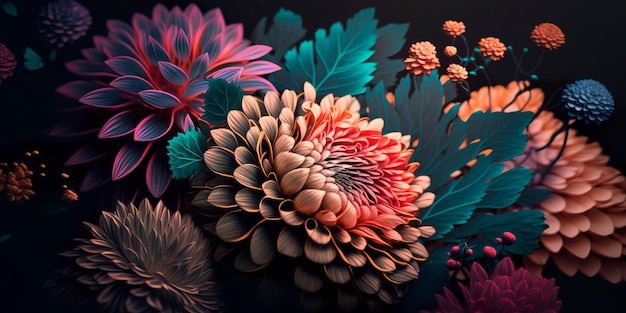 A colorful floral pattern on a dark background Generative AI