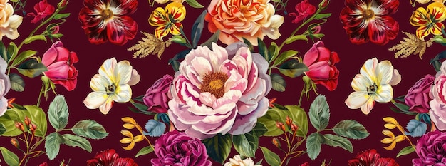 colorful floral pattern featuring peonies and roses on a deep burgundy background