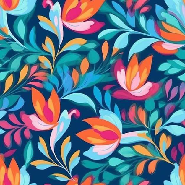 A colorful floral pattern with a bird on a blue background.