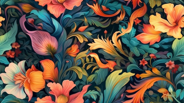 A colorful floral pattern with a bird on it.