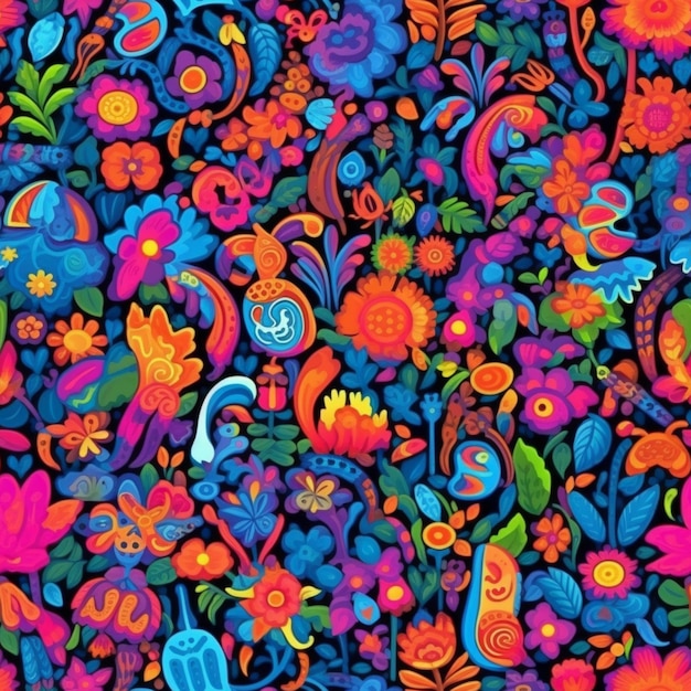 A colorful floral pattern with birds and flowers on a black background generative ai