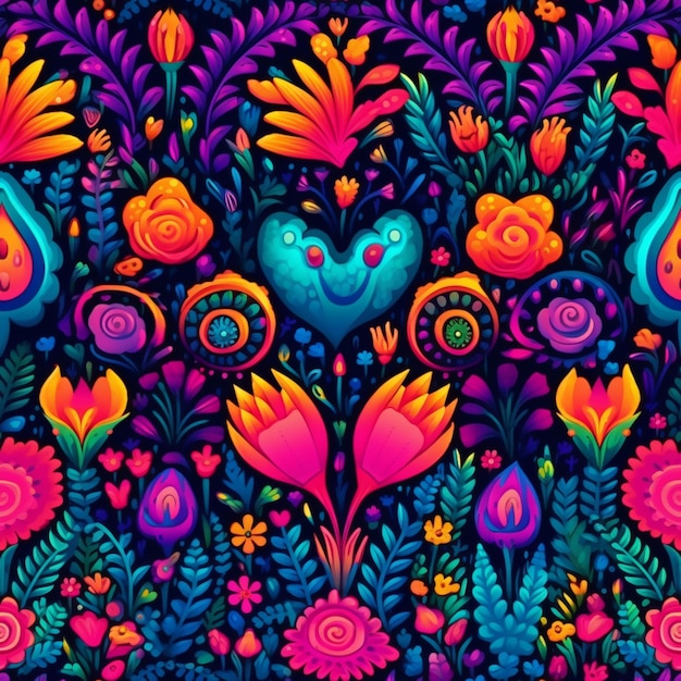 A colorful floral pattern with birds and flowers on a dark background generative ai