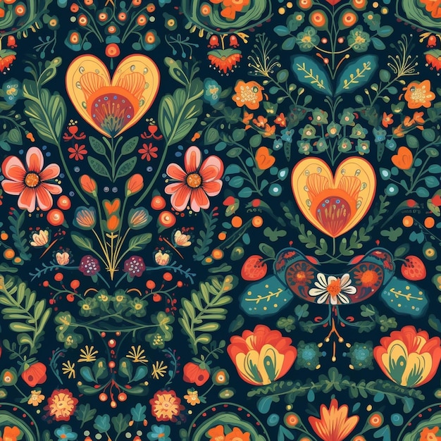 A colorful floral pattern with birds and flowers.