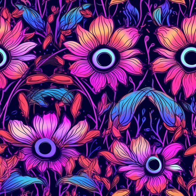 A colorful floral pattern with a black background generative ai