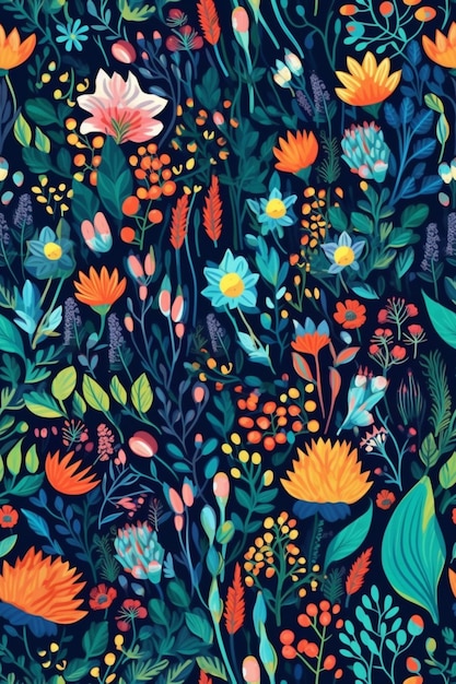 A colorful floral pattern with a blue background and a yellow flower.