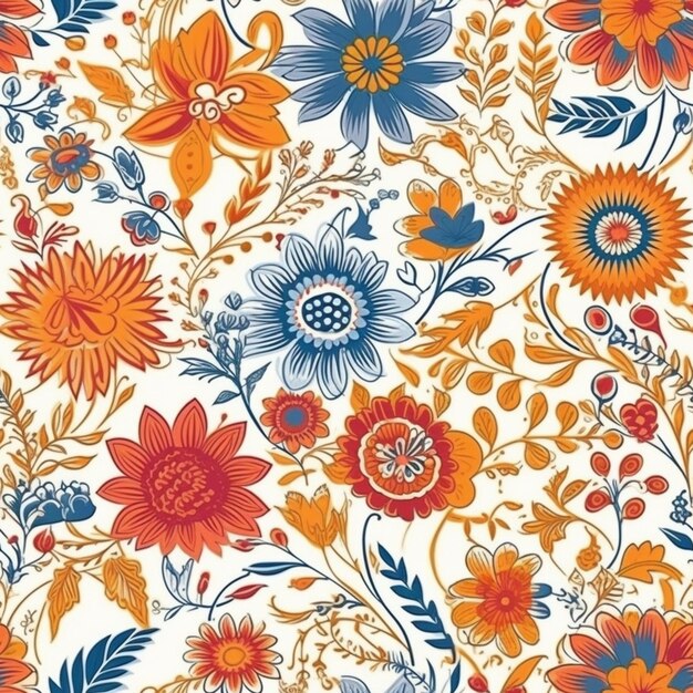 A colorful floral pattern with blue and orange flowers generative ai