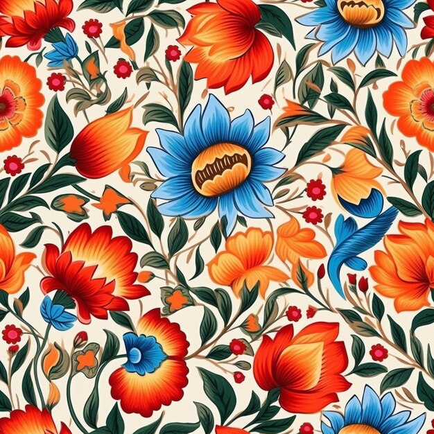 A colorful floral pattern with blue and orange flowers generative ai