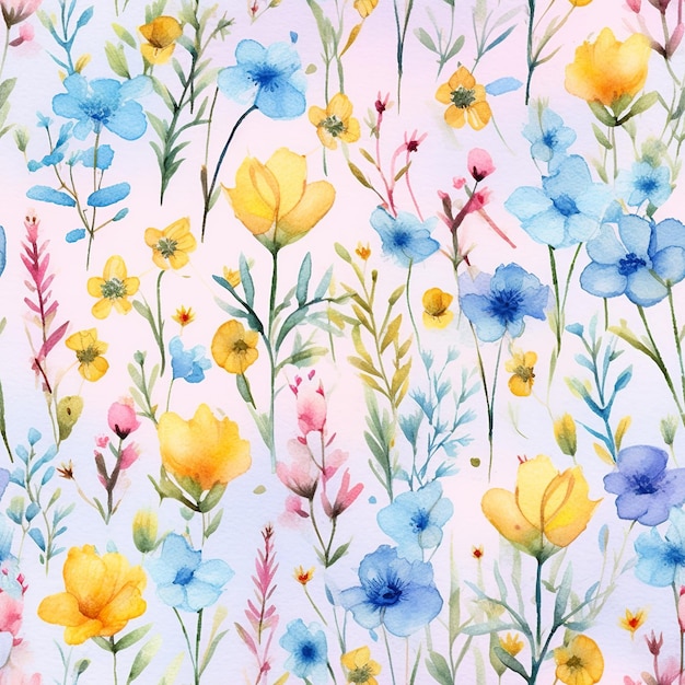 A colorful floral pattern with a blue and yellow flower.