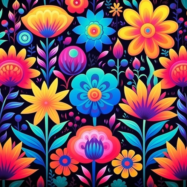 A colorful floral pattern with bright flowers on a black background generative ai