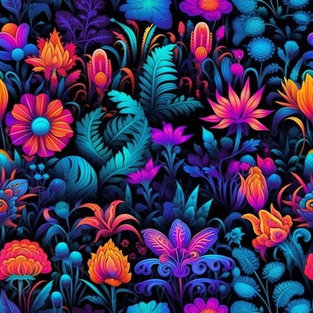 A colorful floral pattern with bright flowers and leaves generative ai