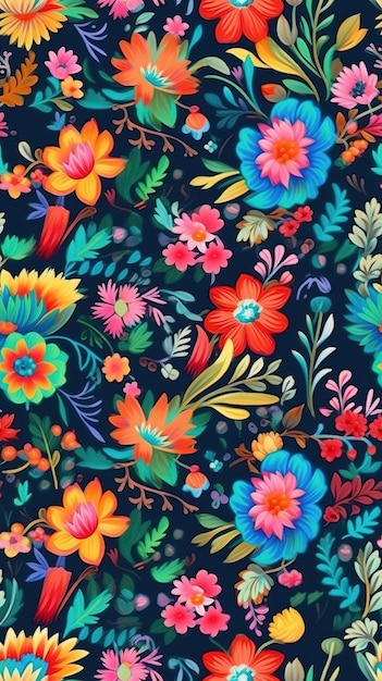 A colorful floral pattern with a bright red flower on a dark blue background.