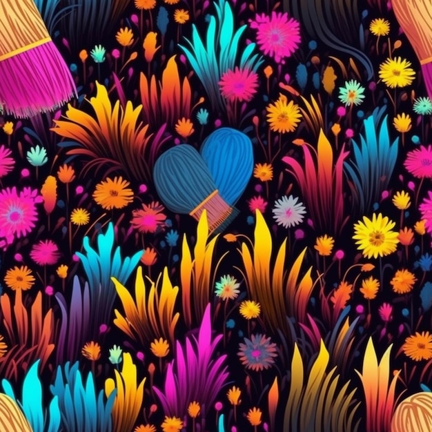 A colorful floral pattern with brushes and flowers generative ai