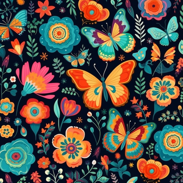 красочный цветочный рисунок с бабочками и цветами на черном фоне.