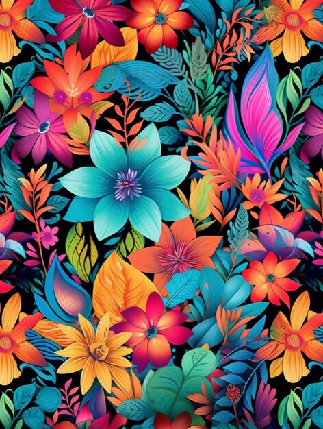 A colorful floral pattern with butterflies and leaves generative ai