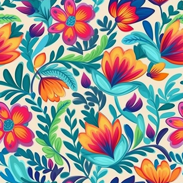 A colorful floral pattern with a colorful flower on a white background.