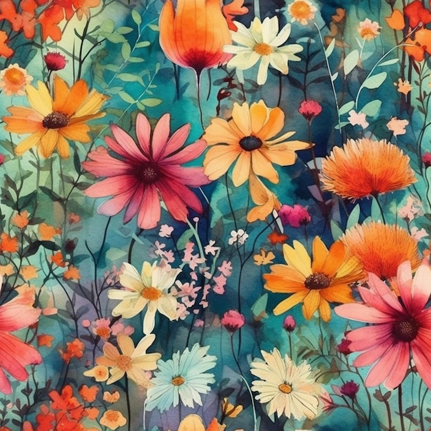 A colorful floral pattern with daisies and other flowers.