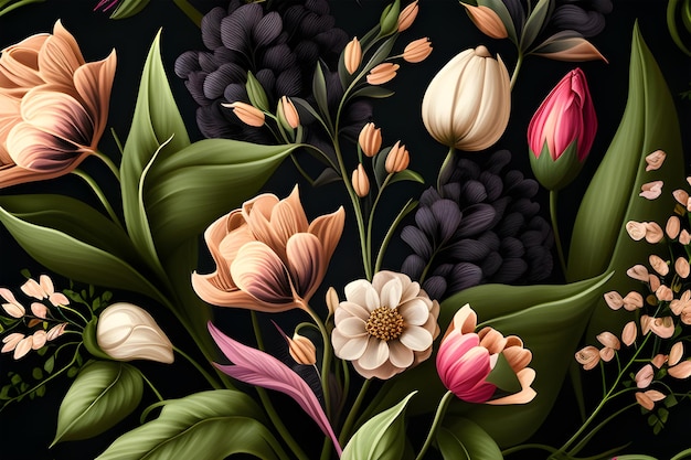 A colorful floral pattern with flowers and berries.