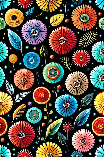 A colorful floral pattern with flowers on a black background.