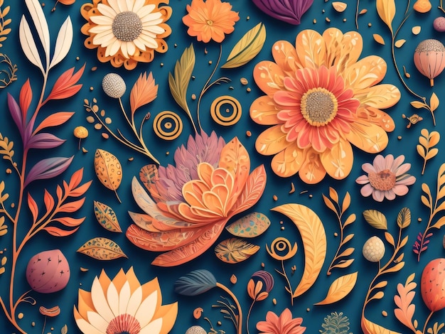 A colorful floral pattern with flowers on a blue background.