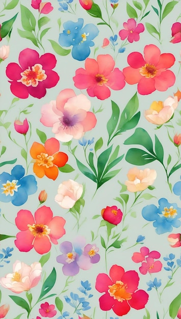 A colorful floral pattern with flowers on a blue background.