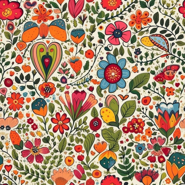 A colorful floral pattern with flowers and butterflies.