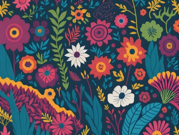 A colorful floral pattern with flowers and leaves