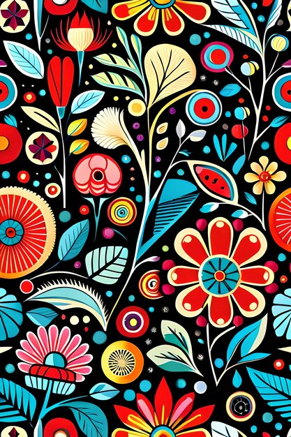 A colorful floral pattern with flowers and leaves.