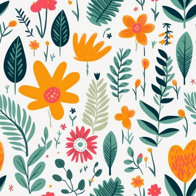 A colorful floral pattern with flowers and leaves.