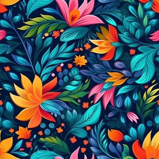 A colorful floral pattern with flowers and leaves.