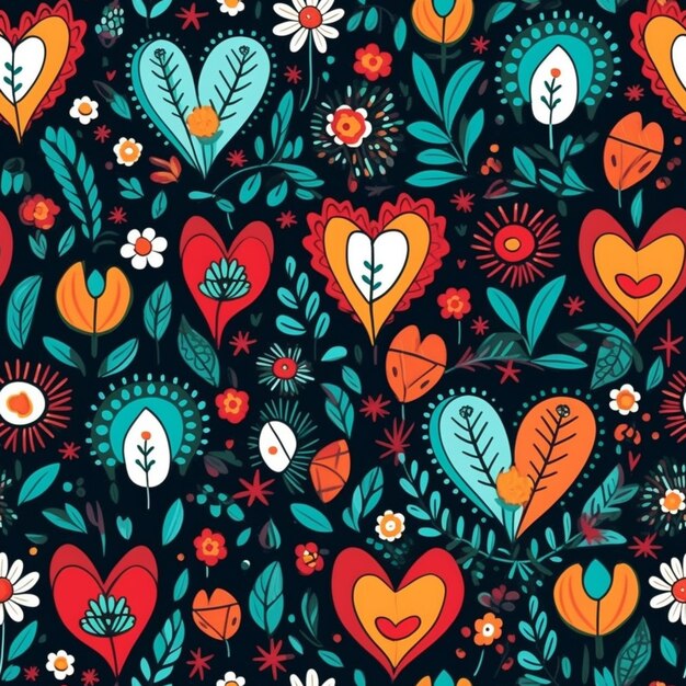 A colorful floral pattern with hearts and flowers.