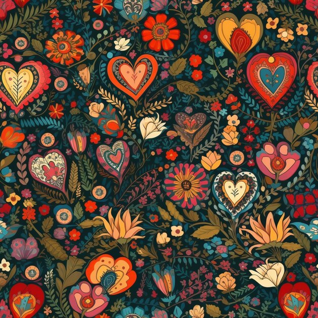 A colorful floral pattern with hearts and flowers.