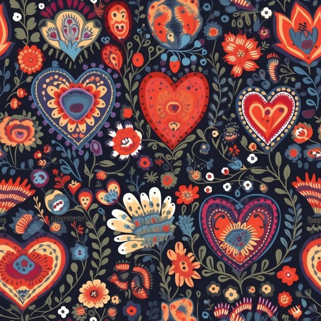 A colorful floral pattern with hearts and flowers.