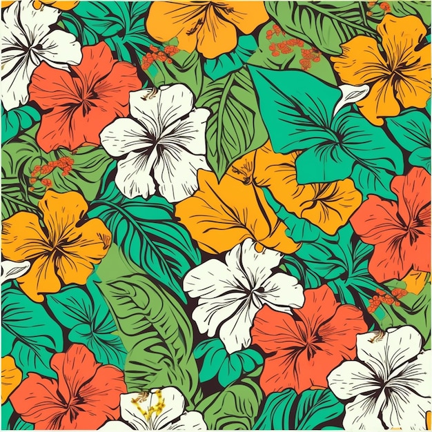 A colorful floral pattern with hibiscus flowers.