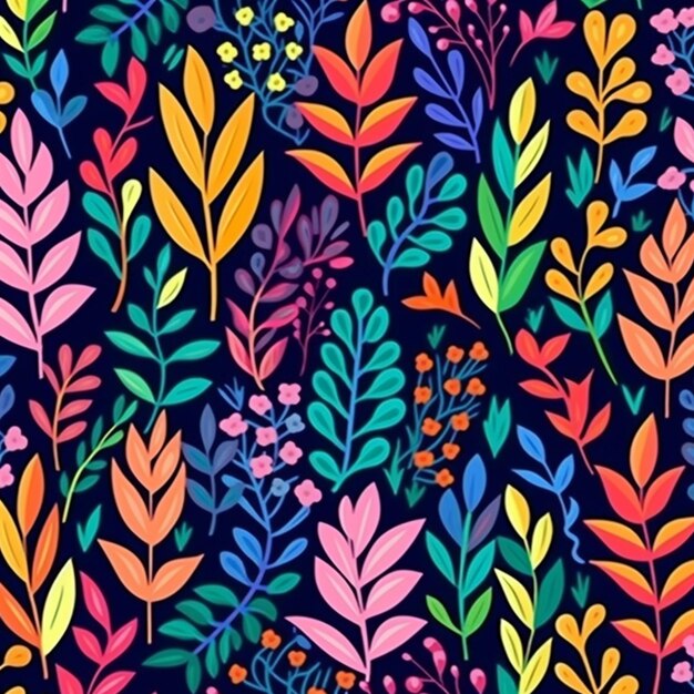 Photo a colorful floral pattern with leaves and berries on a black background generative ai