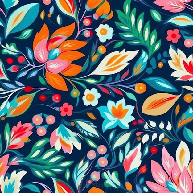 a colorful floral pattern with leaves and berries on a dark background generative ai