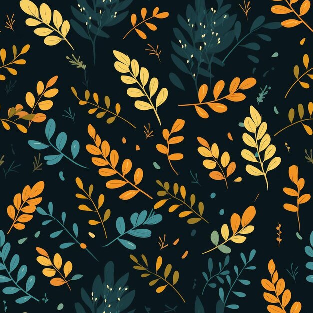 A colorful floral pattern with leaves and branches.