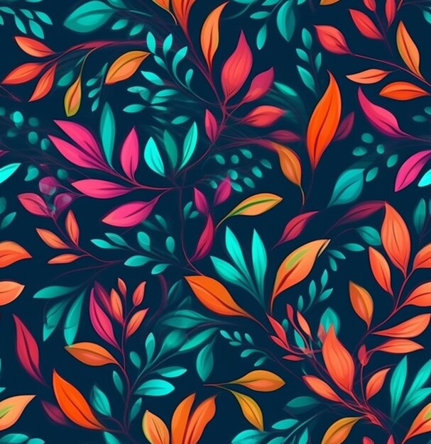 A colorful floral pattern with leaves on a dark background generative ai