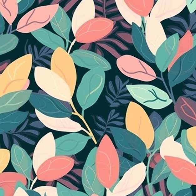 A colorful floral pattern with leaves and flowers on a black background generative ai