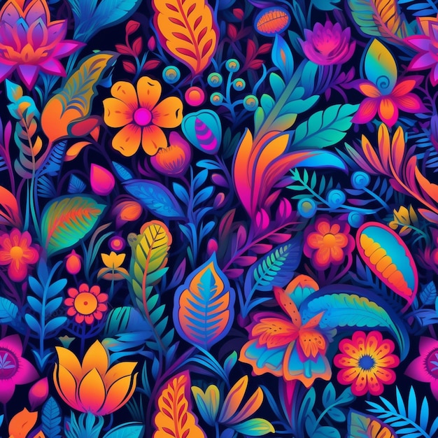 A colorful floral pattern with leaves and flowers on a black background generative ai