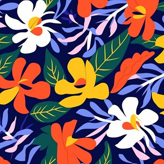 A colorful floral pattern with leaves and flowers on a blue background generative ai