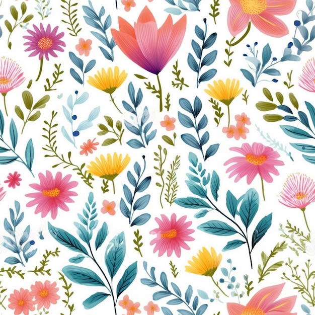 a colorful floral pattern with leaves and flowers on a white background generative ai