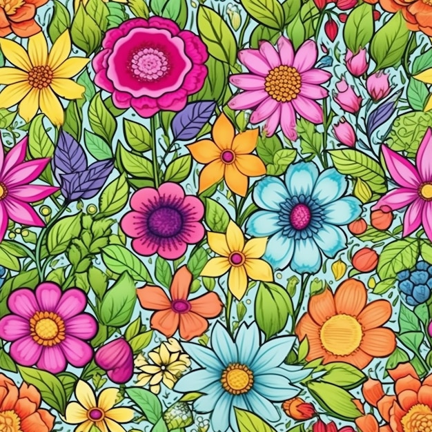 A colorful floral pattern with lots of flowers on a blue background generative ai