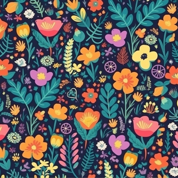 많은 꽃과 잎이 있는 다채로운 꽃 패턴