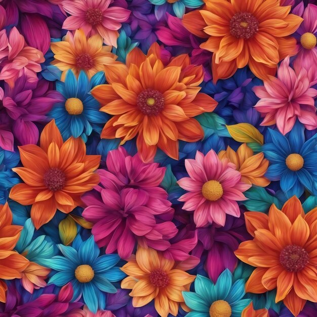 A colorful floral pattern with many different colors and shapes generative ai