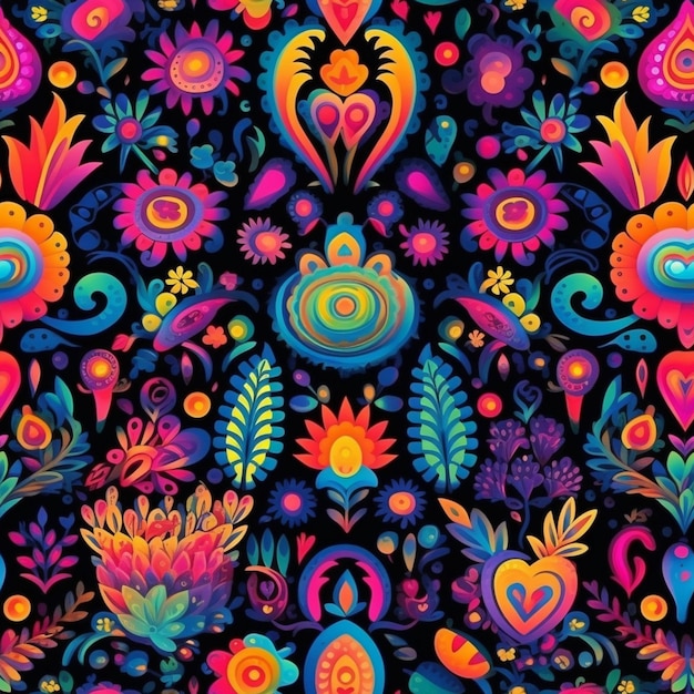 A colorful floral pattern with many different colors and shapes generative ai