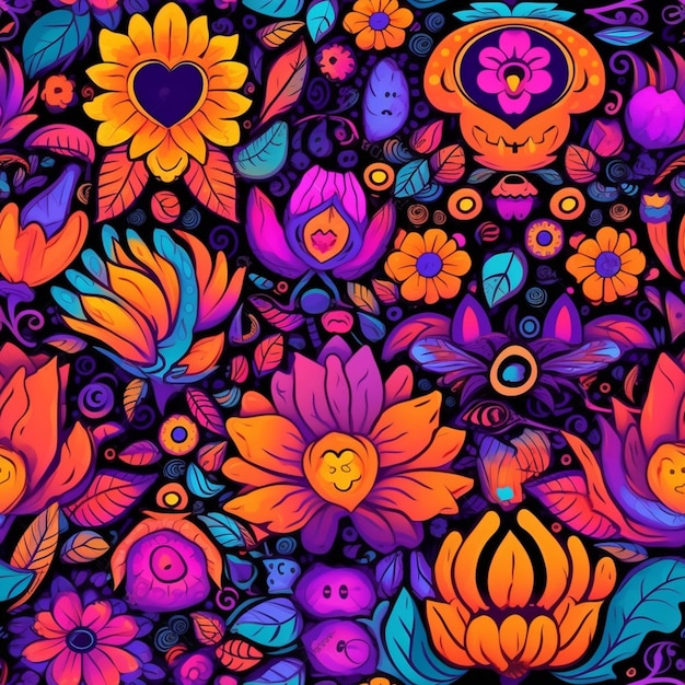 A colorful floral pattern with many different flowers and leaves generative ai