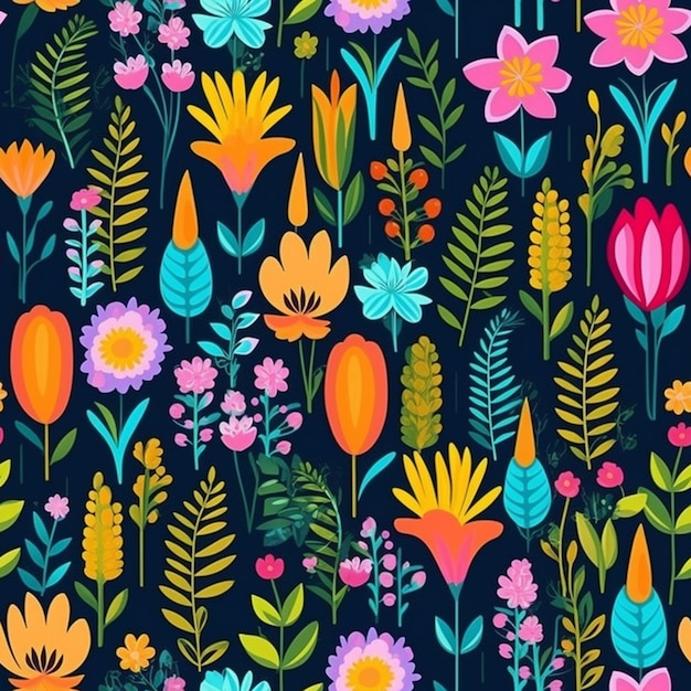 A colorful floral pattern with many different flowers and leaves generative ai